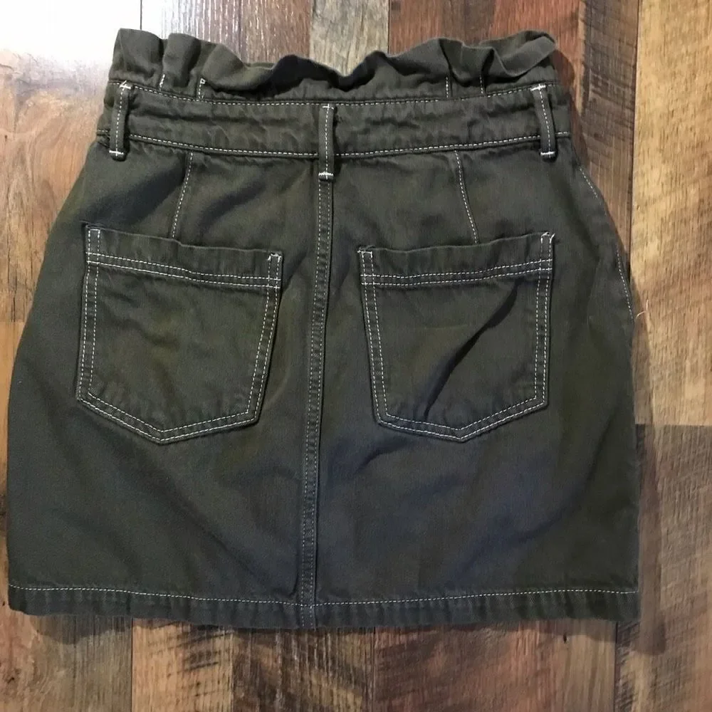 Free People SZ 6 green denim skirt pockets belt loops paper bag waist boho